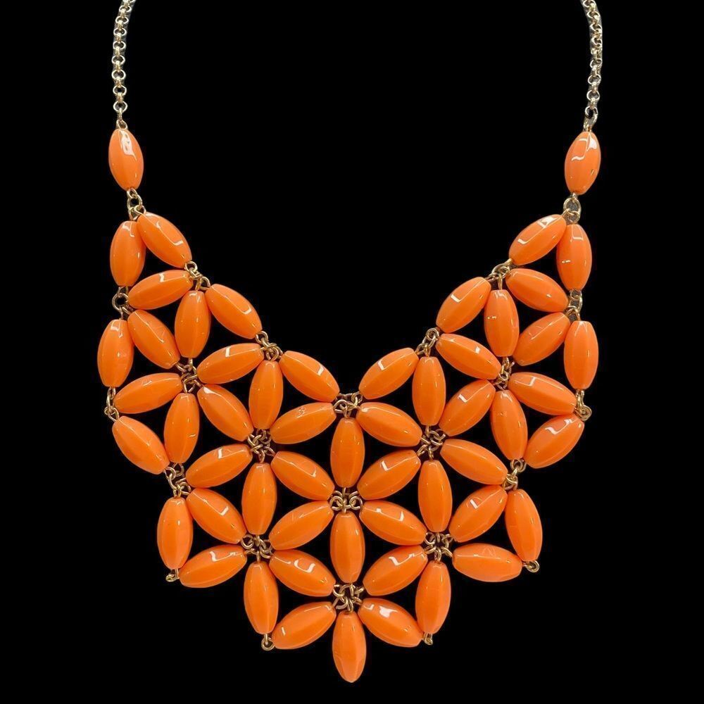 J. Crew Gorgeous Salmon Colored Bib Statement Necklace on Gold Toned Chain.